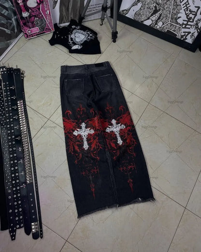 Y2K Gothic Cargo Pants – Wide-Leg Streetwear Trousers with Red Floral Graffiti Print