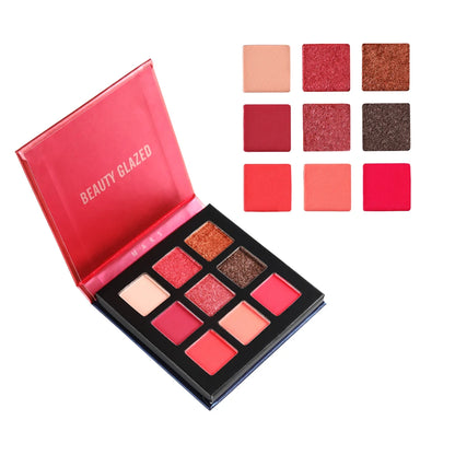 9-Color Matte & Glitter Eyeshadow Palette – Red Tone Shimmer Collection