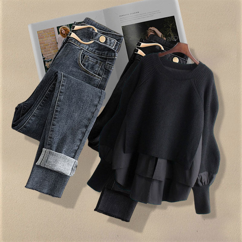 Korean Fashion Two-Piece Set – Fake Layered Shirt Top & Slim Fit Jeans