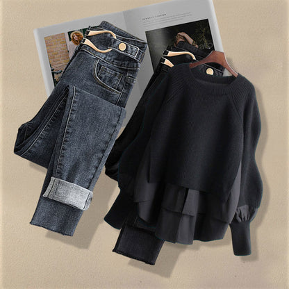 Korean Fashion Two-Piece Set – Fake Layered Shirt Top & Slim Fit Jeans