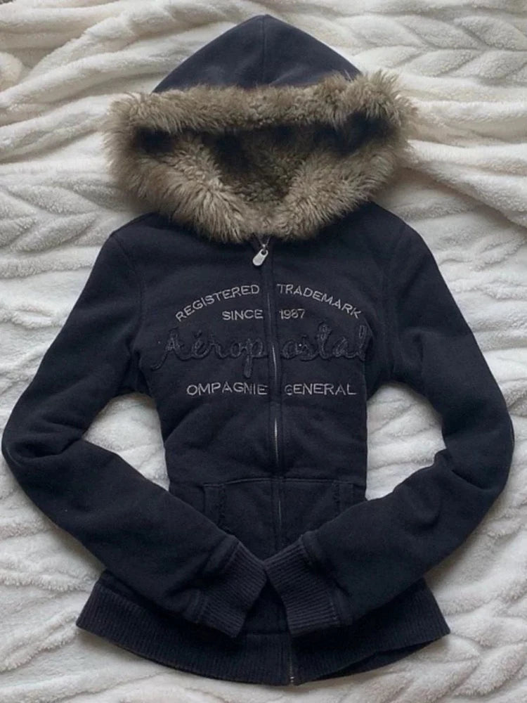Vintage Letter Fur Collar Hoodie – Y2K Retro Zip-Up Plush Jacket