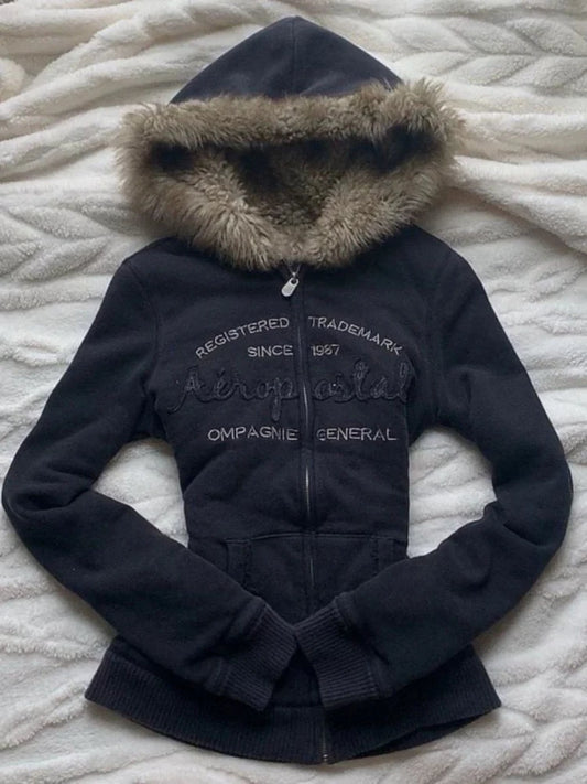 Vintage Letter Fur Collar Hoodie – Y2K Retro Zip-Up Plush Jacket