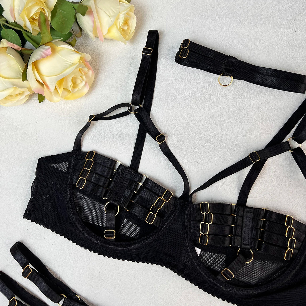 5-Piece Hollow Lingerie Set – Sensual Open Bra & Brief Outfit