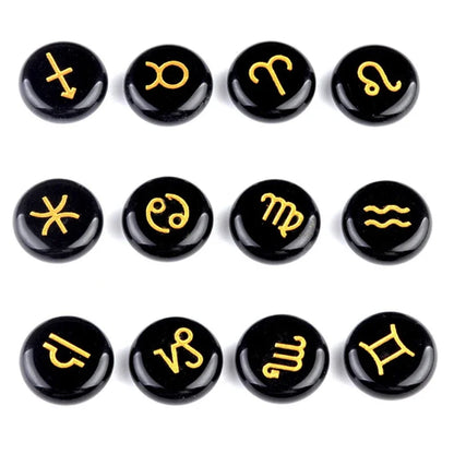 12-Piece Mini Chakra Stones Set – Natural Amethyst, Quartz & Semi-Precious Crystals with Zodiac Symbols