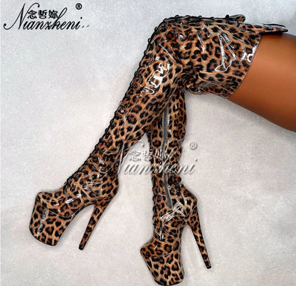 Blue Leopard Over-the-Knee Platform Boots