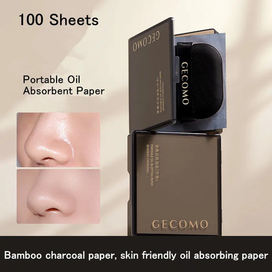 100 Sheets Bamboo Charcoal Oil Absorbing Paper – Portable Powder Puff with Mirror