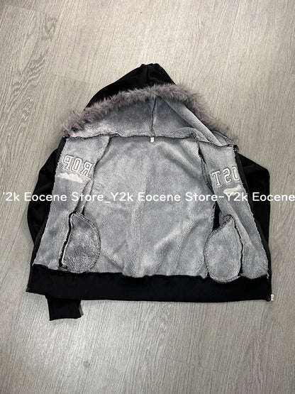 Vintage Letter Fur Collar Hoodie – Y2K Retro Zip-Up Plush Jacket