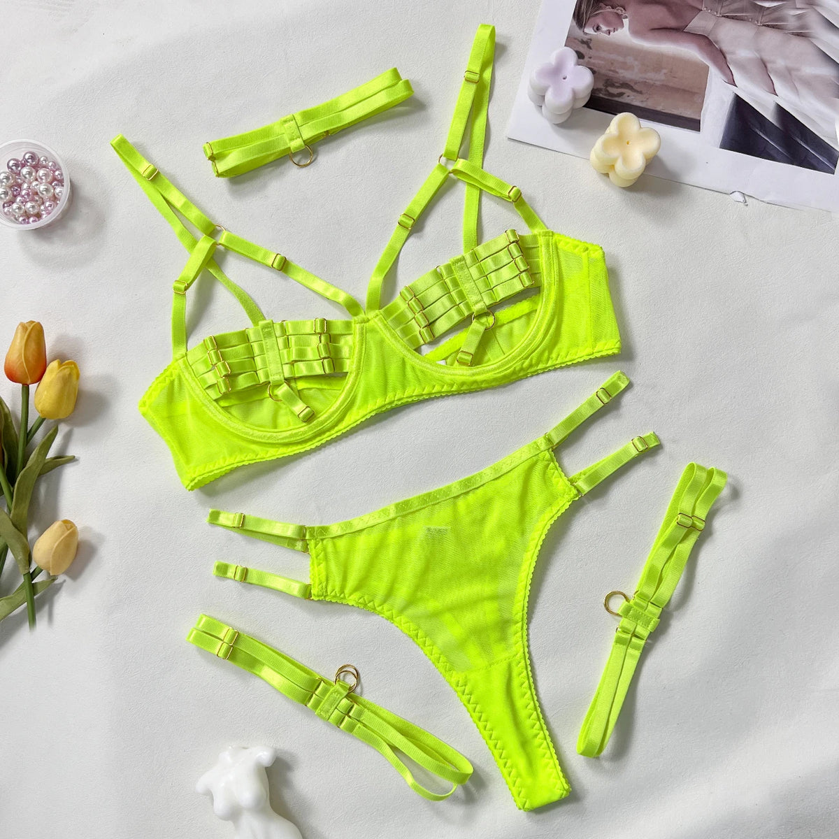 5-Piece Hollow Lingerie Set – Sensual Open Bra & Brief Outfit