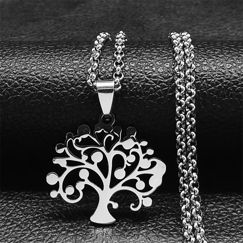 Tree of Life Stainless Steel Necklace – Black Long Pendant for Men & Women