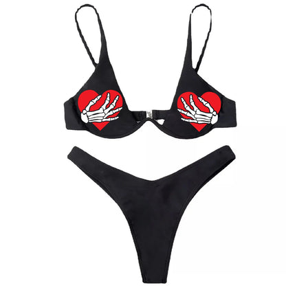 Punk Gothic Skull Print Bikini Set – V-Neck High Waist Swimwear