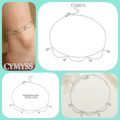 925 Sterling Silver Double-Layer Anklet – Exquisite Zircon Heart Chain Jewelry