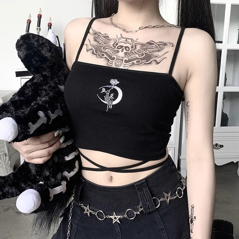 Gothic Print Suspender Crop Tank Top