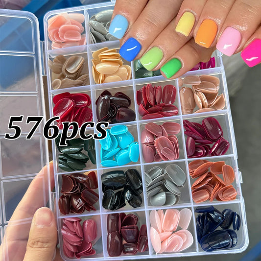 576pcs Colorful Press-On Nails Set – Round & Short Square Full Cover Acrylic Nail Tips 💅🎨