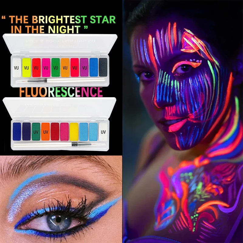 10-Color Glow Neon UV Face & Body Paint – Fluorescent Party Makeup Oil