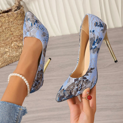 Embroidered Pointed Toe Stiletto Pumps