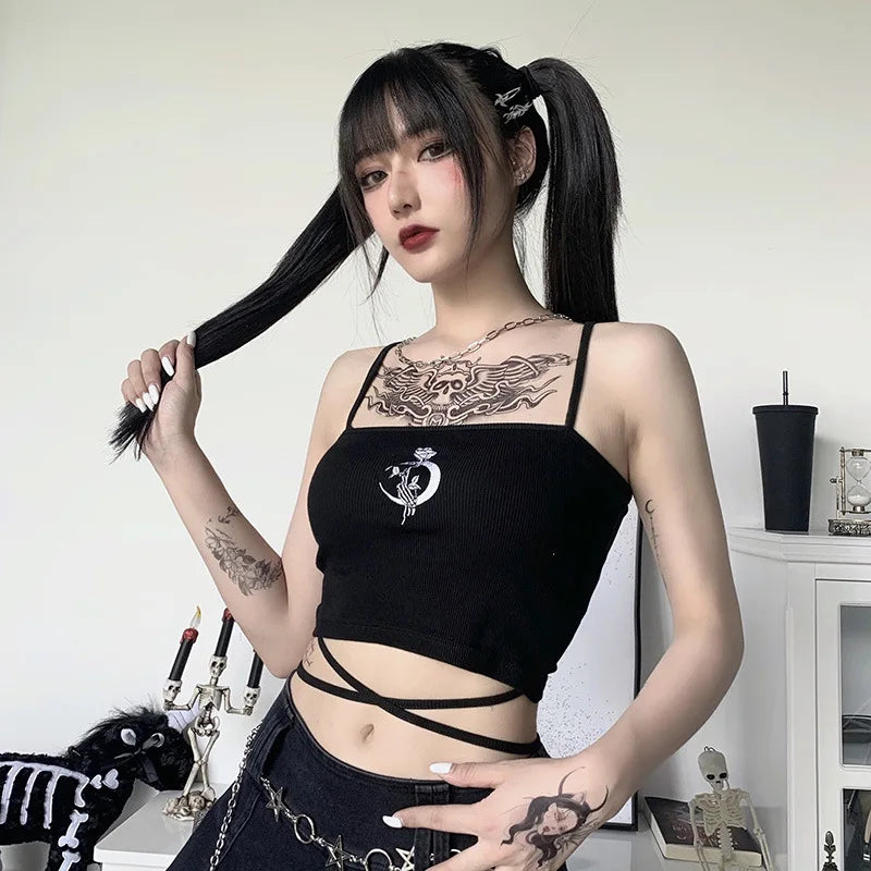 Gothic Print Suspender Crop Tank Top