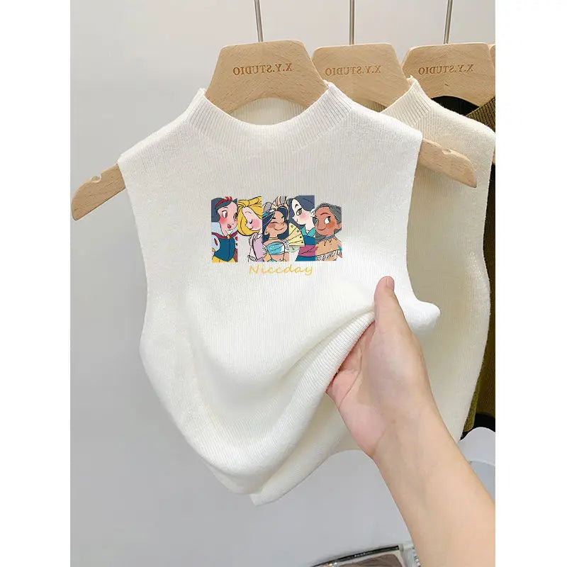 Summer Half High Collar Knitted Vest – Korean Youth Printed Sleeveless Top