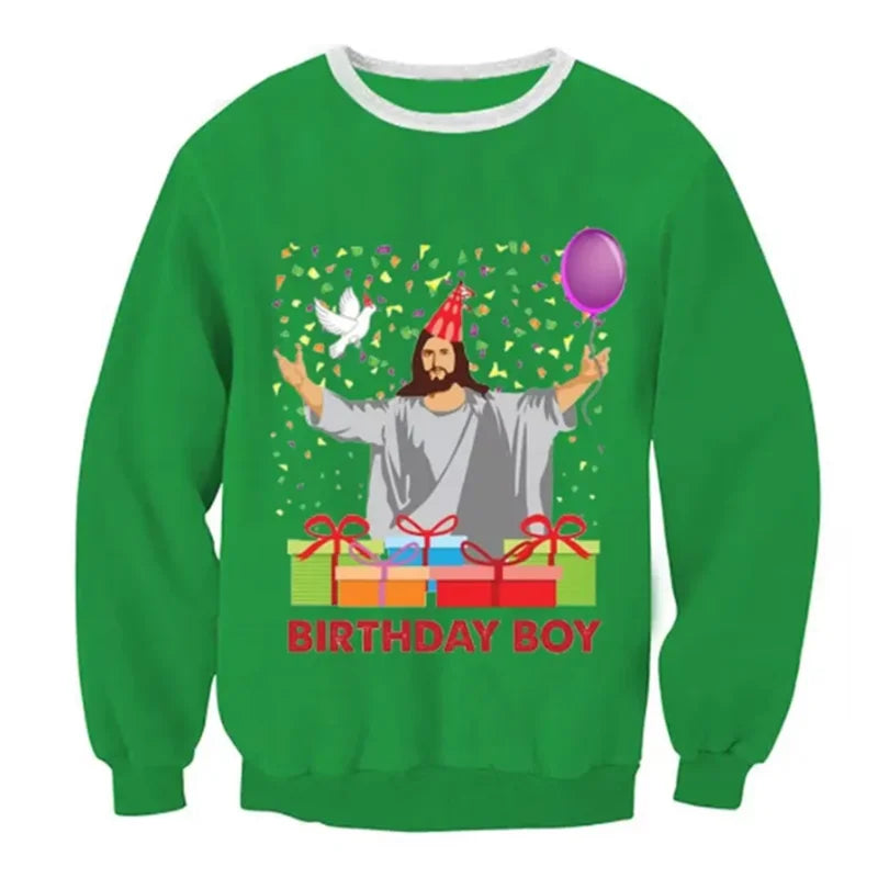 Ugly Christmas Sweater – Funny Santa & Elf Holiday Print Pullover