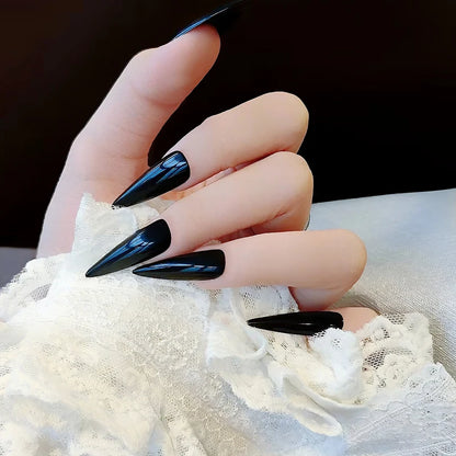 Extra Long Black Stiletto Press-On Nails – 24pc Modern French Style Set 🖤✨