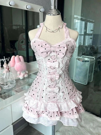 French Style Polka Dot Lace Mini Dress – Sweet Y2K Slim Waist Design
