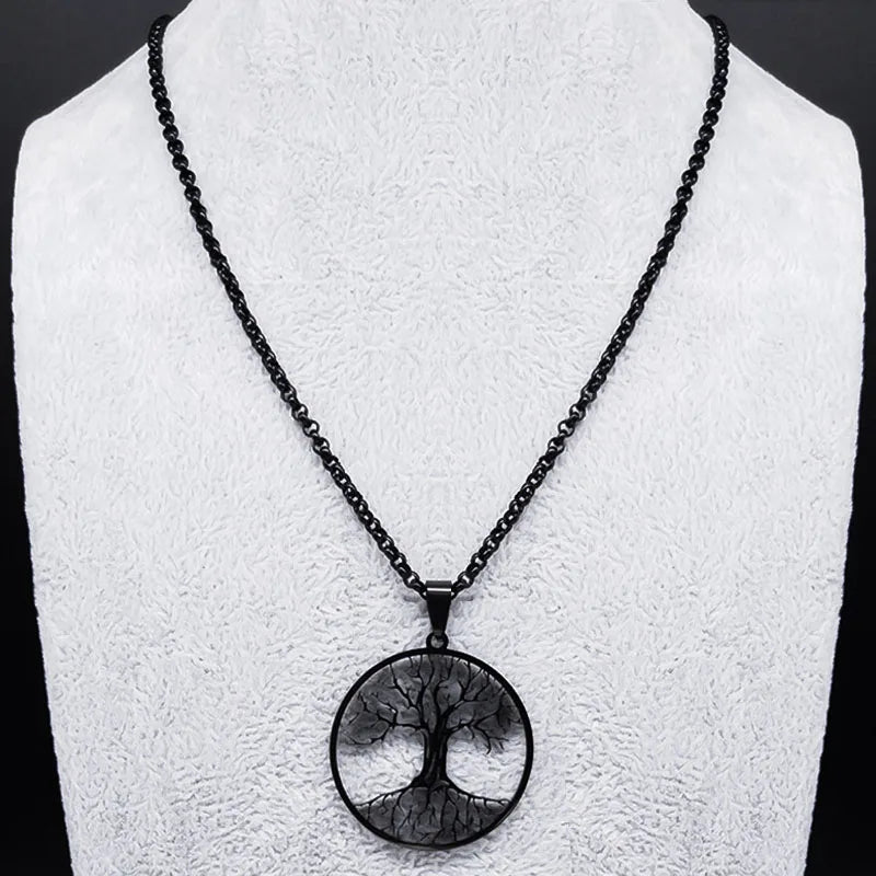 Tree of Life Stainless Steel Necklace – Black Long Pendant for Men & Women