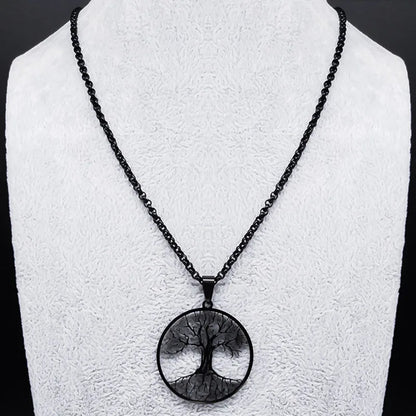 Tree of Life Stainless Steel Necklace – Black Long Pendant for Men & Women