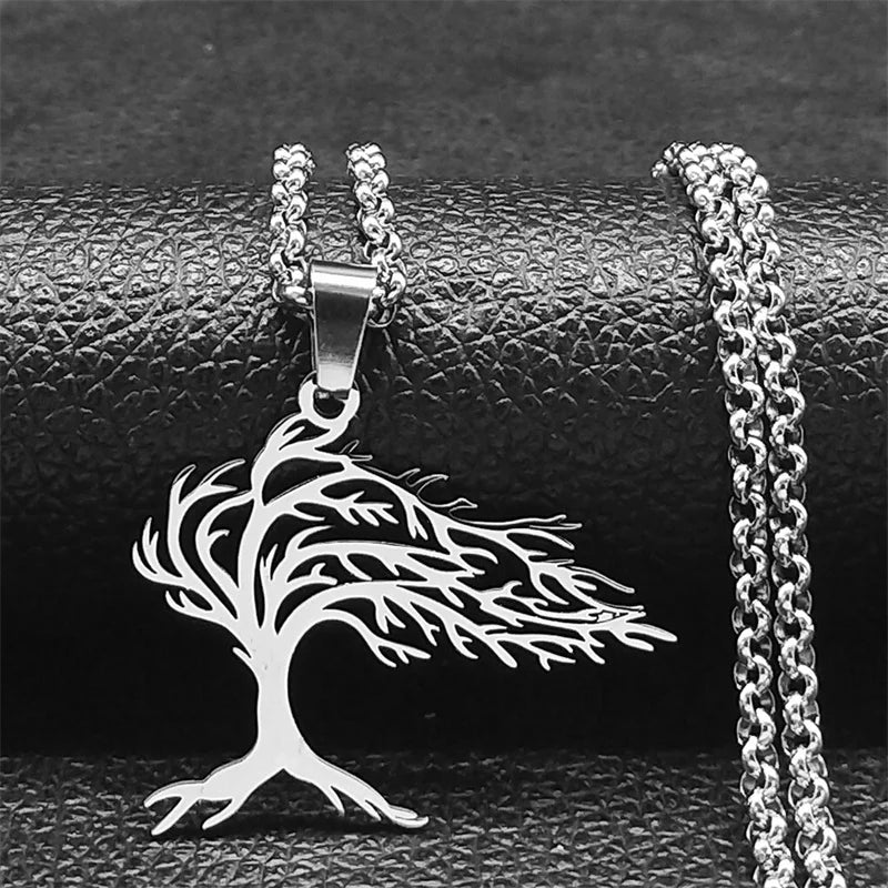 Tree of Life Stainless Steel Necklace – Black Long Pendant for Men & Women
