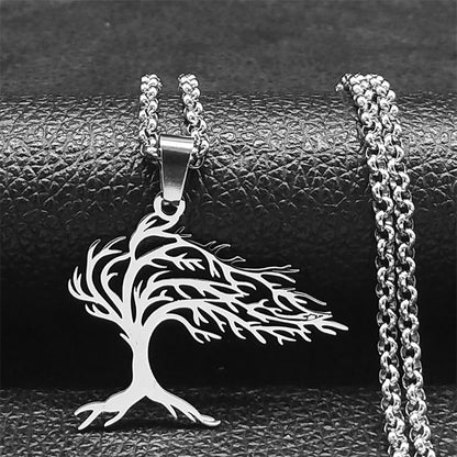 Tree of Life Stainless Steel Necklace – Black Long Pendant for Men & Women
