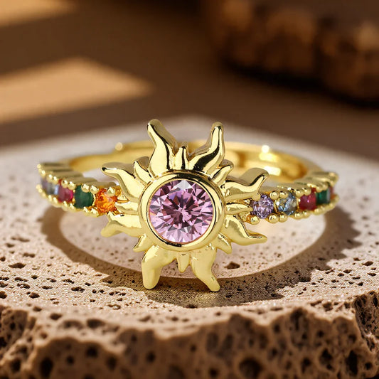 Stylish Pink & White Zircon Sun Ring – Adjustable Gold & Silver Wedding Band
