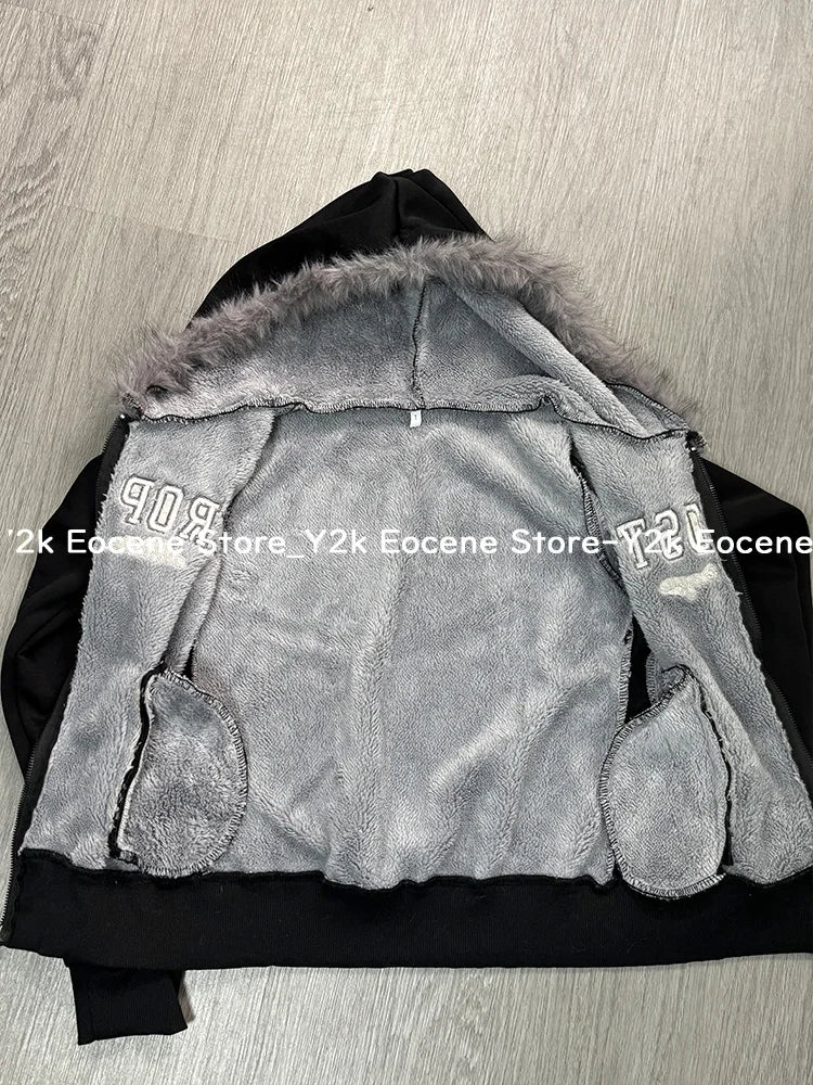 Vintage Letter Fur Collar Hoodie – Y2K Retro Zip-Up Plush Jacket