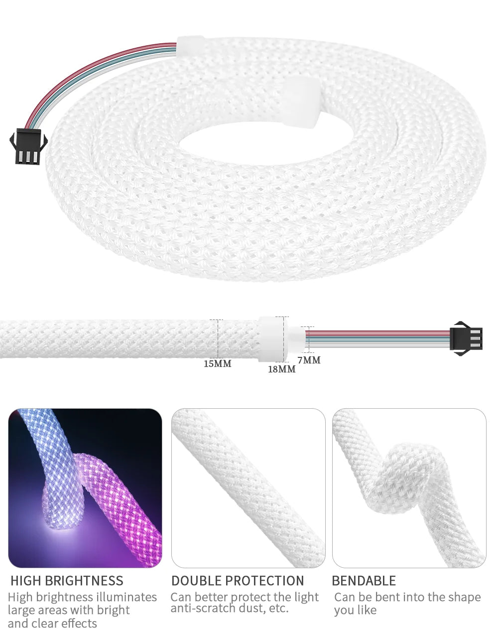 WS2812B / WS2811 5V Round Neon LED Strip – 360° RGBIC Flexible Silicone Tape, 50 LEDs/m, IP67 Waterproof
