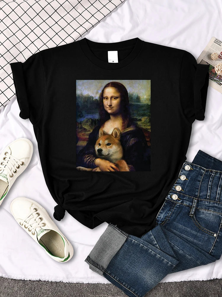 Mona Lisa Funny Cat T-Shirt – Oversized Art Print Crewneck Tee for Women