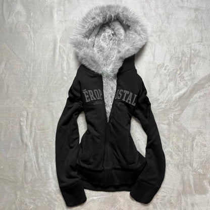 Vintage Letter Fur Collar Hoodie – Y2K Retro Zip-Up Plush Jacket