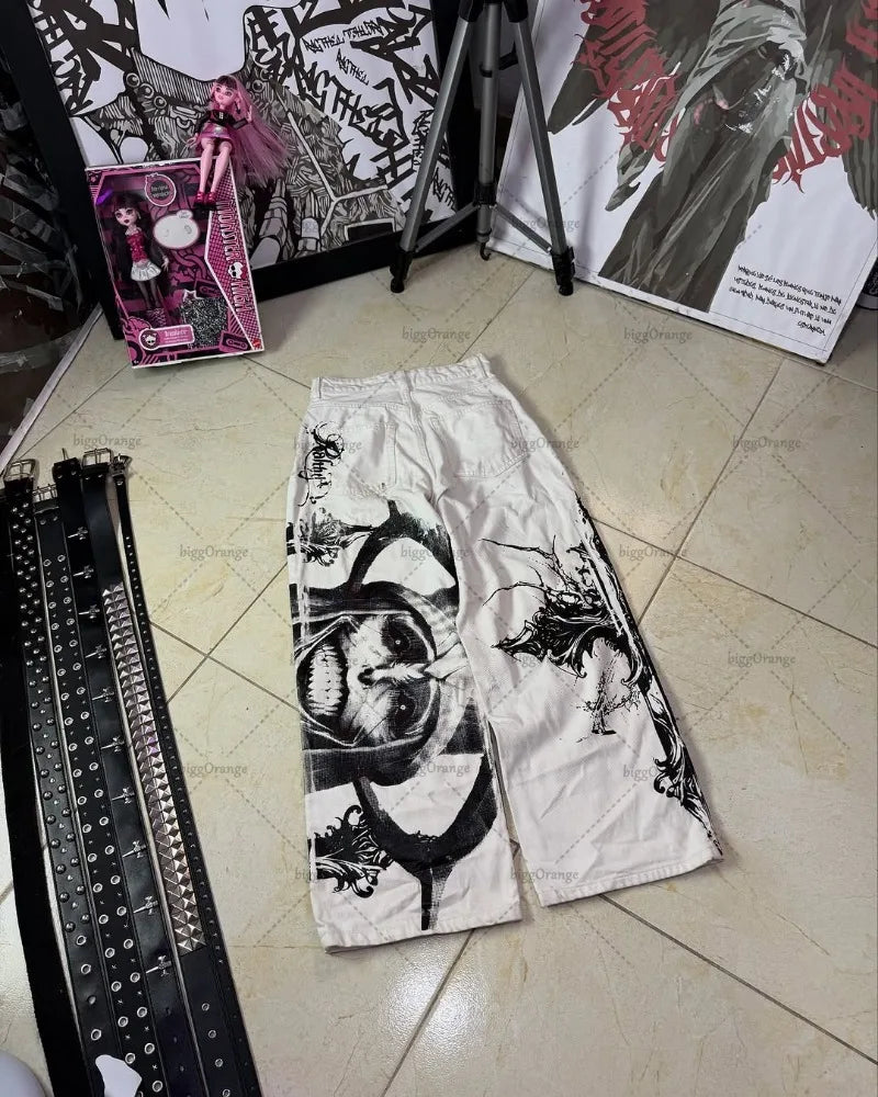 Y2K Gothic Cargo Pants – Wide-Leg Streetwear Trousers with Red Floral Graffiti Print