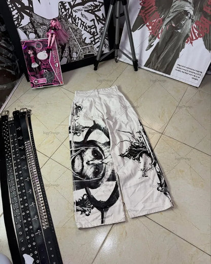 Y2K Gothic Cargo Pants – Wide-Leg Streetwear Trousers with Red Floral Graffiti Print