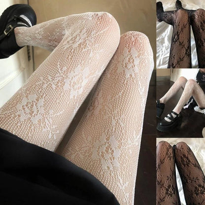 White & Black Hollow Lace Mesh Pantyhose – Floral Rattan Stockings