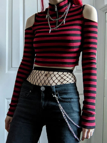 Punk Y2K Red Stripe Off-Shoulder Crop Top – Gothic Mall Aesthetic