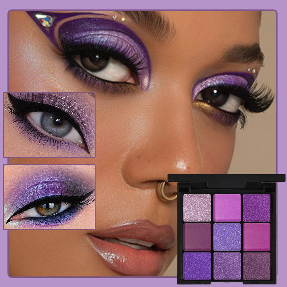 9-Grid Red & Purple Eyeshadow Palette – Matte, Glitter & Shimmer Finishes