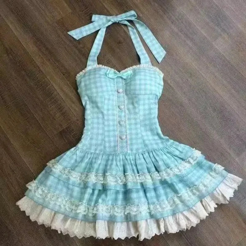French Style Polka Dot Lace Mini Dress – Sweet Y2K Slim Waist Design