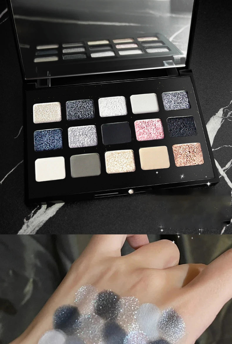 15-Color Pearl Glitter Eyeshadow Palette – Smoky, Cool-Toned, Waterproof Makeup