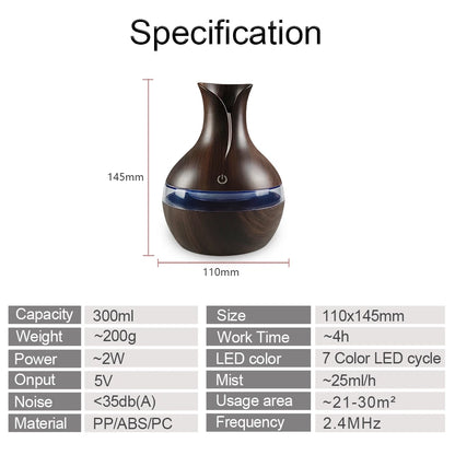 Mini USB Diffuser & Air Humidifier – 300ml Cool Mist Maker with LED Night Light