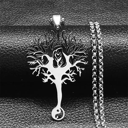 Tree of Life Stainless Steel Necklace – Black Long Pendant for Men & Women
