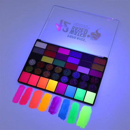 42-Color UV Neon & Glitter Face & Body Paint Palette – Water-Activated Art Makeup