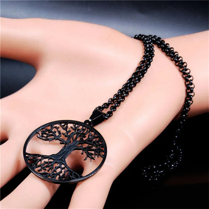 Tree of Life Stainless Steel Necklace – Black Long Pendant for Men & Women