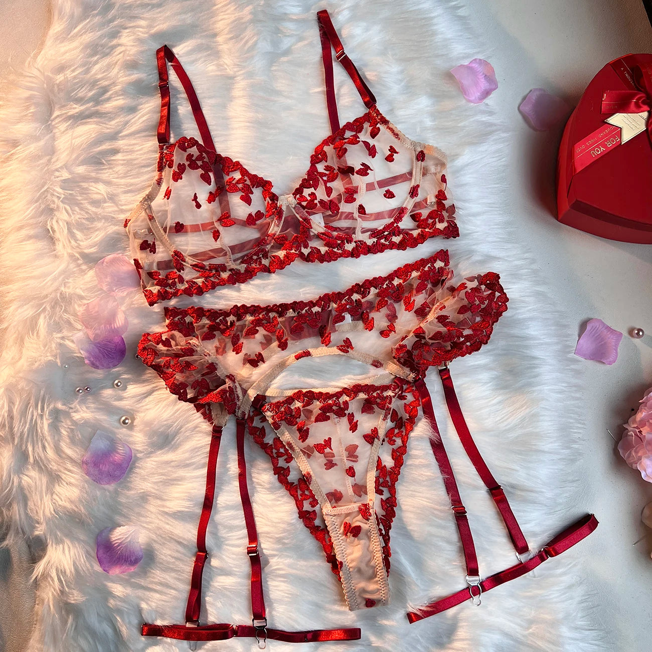 Heart Lace Embroidery Lingerie Set