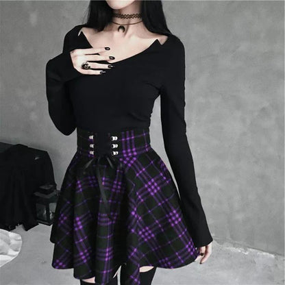 Black Checkered Pleated Gothic Mini Skirt – Punk Plaid Lace-Up Clubwear