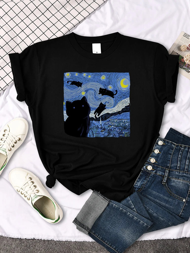 Mona Lisa Funny Cat T-Shirt – Oversized Art Print Crewneck Tee for Women