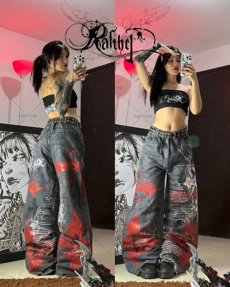 Y2K Gothic Cargo Pants – Wide-Leg Streetwear Trousers with Red Floral Graffiti Print