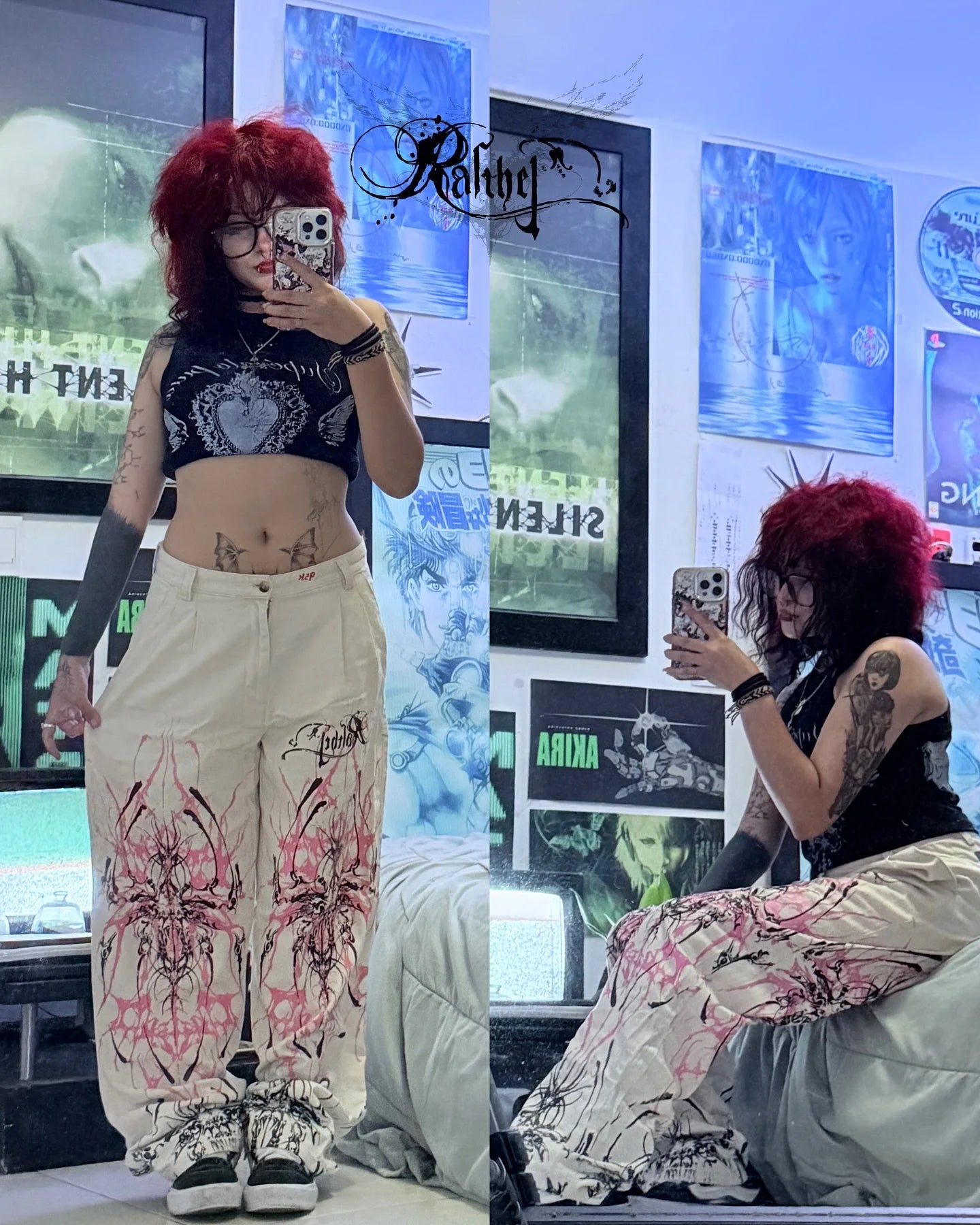 Y2K Gothic Cargo Pants – Wide-Leg Streetwear Trousers with Red Floral Graffiti Print