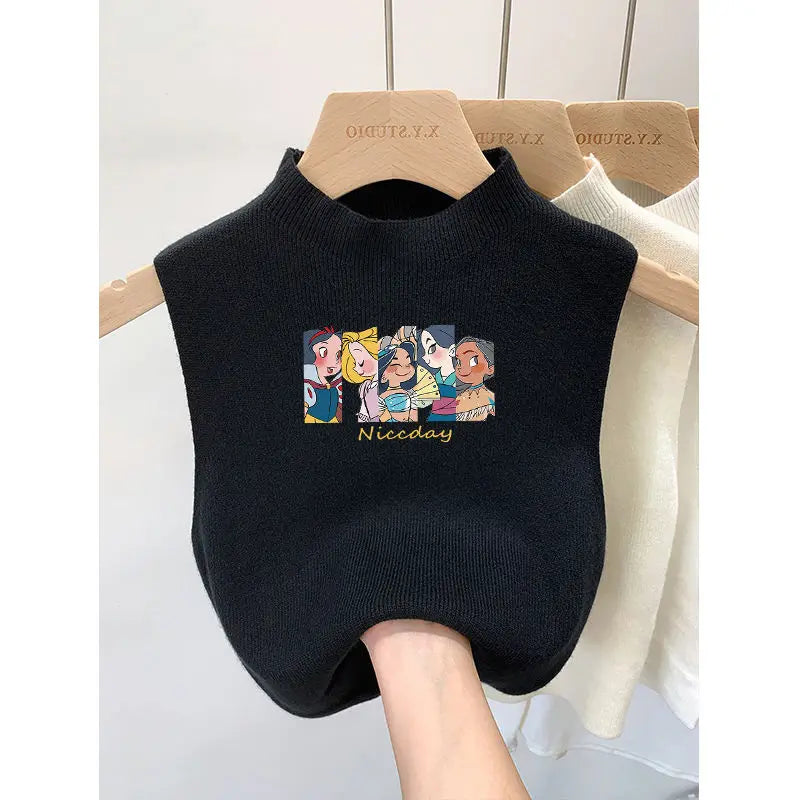 Summer Half High Collar Knitted Vest – Korean Youth Printed Sleeveless Top
